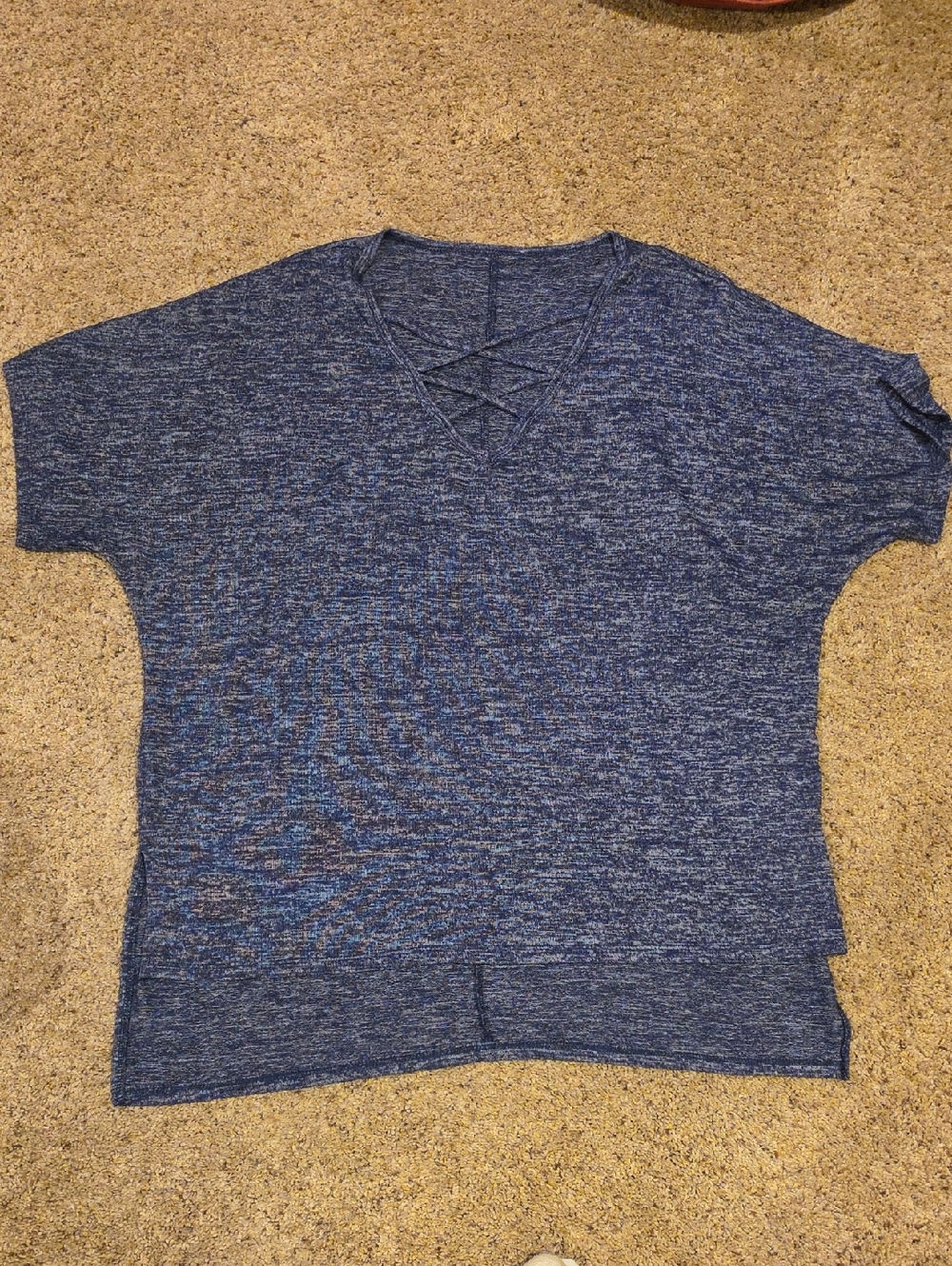 Blue Marled V-Neck Knit Top with Crisscross Detail